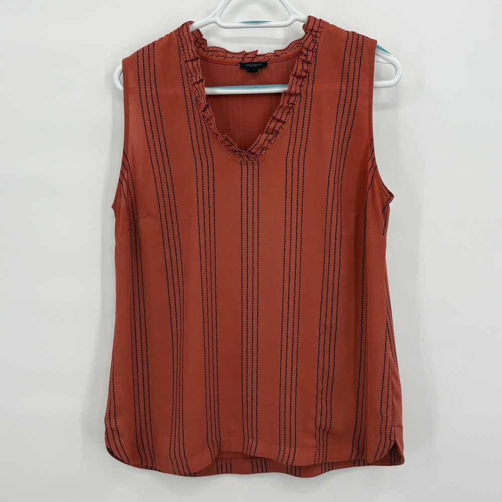 Ann Taylor Factory Rust Orange Dotted Stripe Ruffle V-Neck Blouse Mens Medium